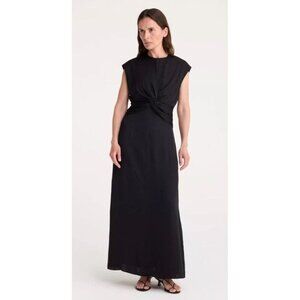 ROHE Draped Column black Maxi Dress 38 US 6 Women’s Long Midi Short Sleeve Flaw